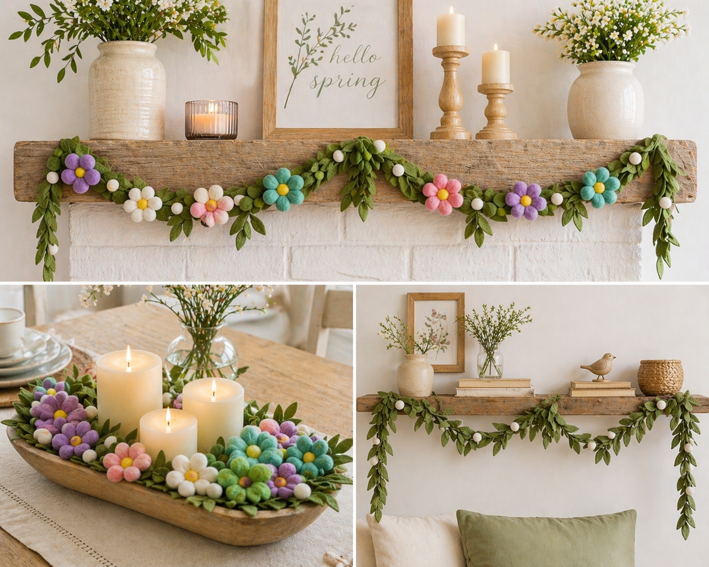 Mantel garland and small dining table centerpiece using the same felt flower palette